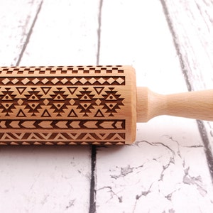 Aztec engraved wooden rolling pin – geometric embossed cookie roller handmade from beech