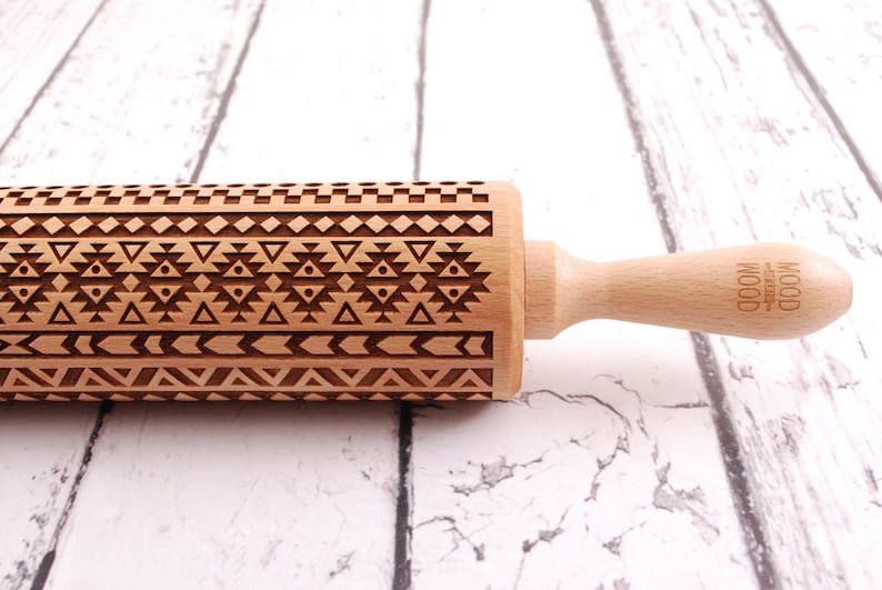 Aztec engraved wooden rolling pin – geometric embossed cookie roller handmade from beech