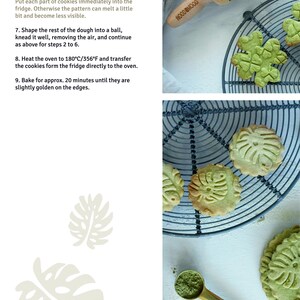 Puede incluir: Un rodillo de madera con un patr&oacute;n de corazones y el texto "WOOD IN MOOD" junto a galletas con dise&ntilde;os de hojas y flores. La imagen tambi&eacute;n muestra una cuchara medidora y texto sobre la cocci&oacute;n de galletas.