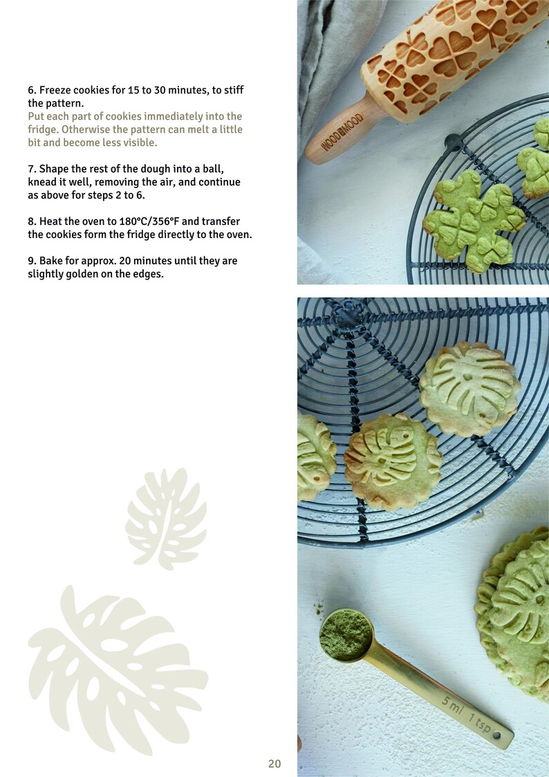 Puede incluir: Un rodillo de madera con un patr&oacute;n de corazones y el texto "WOOD IN MOOD" junto a galletas con dise&ntilde;os de hojas y flores. La imagen tambi&eacute;n muestra una cuchara medidora y texto sobre la cocci&oacute;n de galletas.