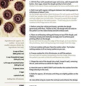 Puede incluir: Receta de galletas de cacao con ingredientes e instrucciones. La receta incluye harina, az&uacute;car glas, mantequilla, cacao, huevos y sal. Las galletas est&aacute;n decoradas con glaseado blanco.