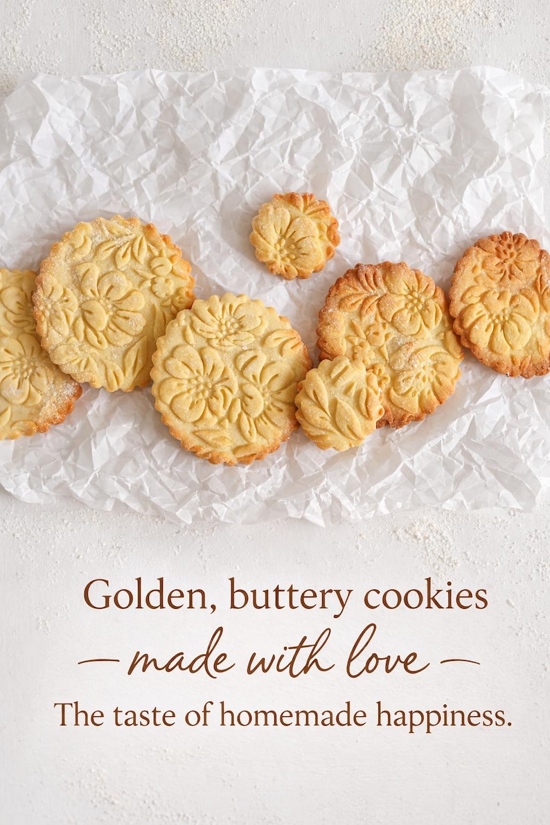Top view of several embossed cookies arranged on a light kitchen surface showing the repeating floral texture created by the rolling pin. The decorative pattern adds a professional handmade look to homemade cookies and biscuits.