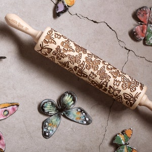 BUTTERFLIES embossing rolling pin for cookies, embossed biscuits, Christmas gift, Mothers Day, laser engraved, solid wood ,butterflies image 4