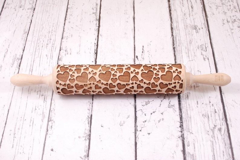 HEARTS embossing rolling pin for cookies, embossed biscuits, wooden Christmas present, Mothers Day gift, laser engraved VALENTINE'S Day image 2
