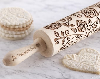 Embossed Roses Rolling Pin: beechwood cookie mold, gift for baking Mom