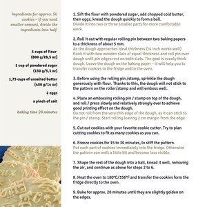 Puede incluir: Receta de galletas de mantequilla grabadas con ingredientes en gramos y onzas. Las instrucciones incluyen extender la masa, cortar las galletas y hornear. La imagen muestra galletas grabadas con el texto "Joyeux Noel".