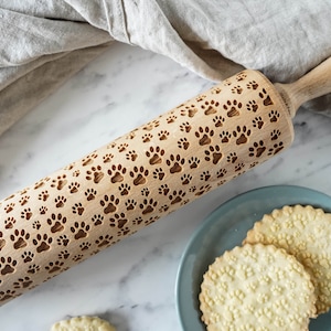 Paw Print Rolling Pin: Engraved Beech Wood Cookie Roller