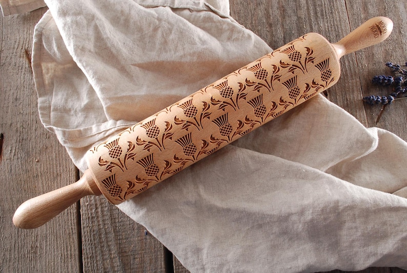 Scottish thistle embossed rolling pin in beechwood – handmade cookie pattern tool image 7