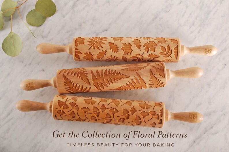 Rodillo de cocina con grabado de helecho, rodillo botánico de madera para galletas de 43 cm, herramienta de repostería en relieve, regalo inspirado en la naturaleza para panaderos. imagen 6