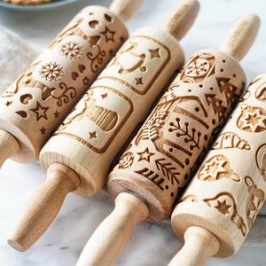 CHRISTMAS VIBE  – set of 4, MINI embossing rolling pin for cookies, biscuits, perfect gift, floral, organic, natural, Christmas gift idea