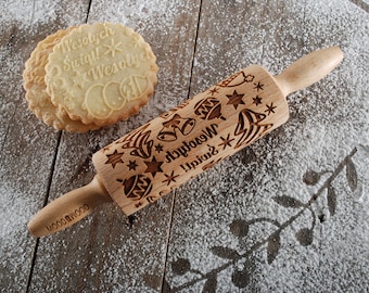 WESOŁYCH ŚWIĄT - MINI embossing rolling pin for cookies, laser engraved, solid wood, Christmas gift, Mother’s Day present, reindeer, Santa