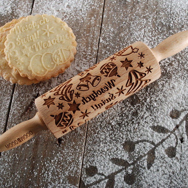 WESOŁYCH ŚWIĄT - MINI rouleau à pâtisserie en relief pour biscuits, gravé au laser, bois massif, cadeau de Noël, cadeau de fête des mères, renne, père Noël