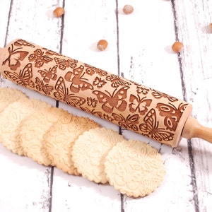 BUTTERFLIES embossing rolling pin for cookies, embossed biscuits, Christmas gift, Mothers Day, laser engraved, solid wood ,butterflies image 2