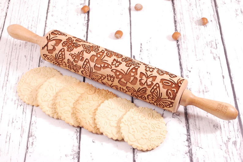 BUTTERFLIES embossing rolling pin for cookies, embossed biscuits, Christmas gift, Mothers Day, laser engraved, solid wood ,butterflies image 2