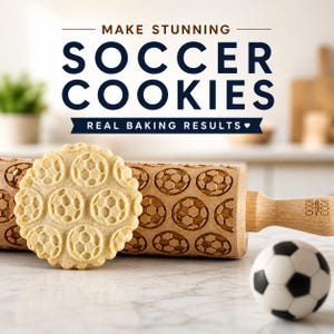 May include: A wooden rolling pin with a soccer ball pattern is displayed next to a round cookie with the same design. The text "MAKE STUNNING SOCCER COOKIES" is above the rolling pin, with "REAL BAKING RESULTS" below.