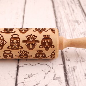 TRIBAL - embossing rolling pin for cookies, laser engraved, solid wood, perfect Christmas gift, Mother’s Day gift, tribal masks