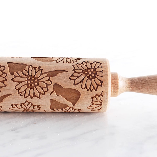 SUNFLOWERS - embossing rolling pin for cookies, laser engraved, solid wood, perfect Christmas gift, Mother’s Day gift, summer, yellow