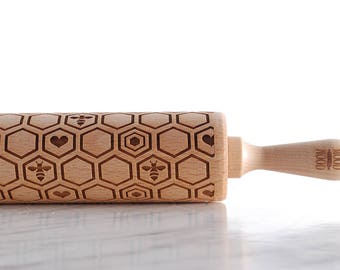 HONEYCOMB - embossing rolling pin for cookies, laser engraved, solid wood, perfect Christmas gift, Mother’s Day present, beekeeper, meadow