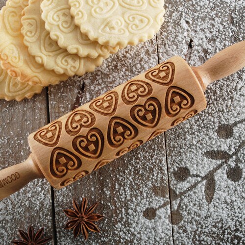 HEARTS Embossing Rolling Pin Engraved rolling pin for embossed cookies. 