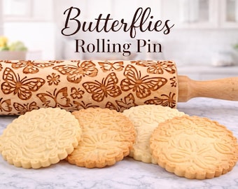 Rolo de Massa Borboletas, Rolo de Madeira Relevo para Biscoitos, Presente Ideal para Mães e Amantes da Natureza, Utensílio de Cozinha Rústico