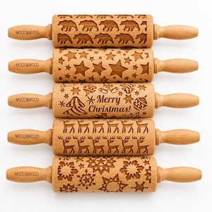 Lot de 5 rouleaux à pâtisserie gaufrés | Ensemble de rouleaux à pâtisserie en bois pour biscuits | Rouleaux de Noël gravés pour la cuisson