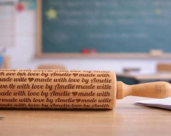 Personalized Teacher Rolling Pin, Custom Name Engraved Cookie Roller, Teacher Appreciation Gift, Made With Love Baking Stamp