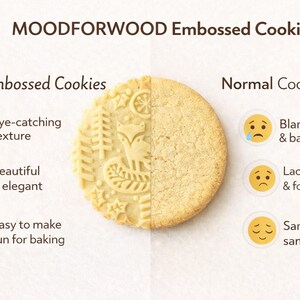 Wooden embossing rolling pin used on rolled cookie dough to create decorative patterns before cutting cookies. The engraved roller presses a repeating floral texture into the dough, demonstrating how easy it is to create detailed homemade cookies using a patterned rolling pin designed for baking and pastry decoration.