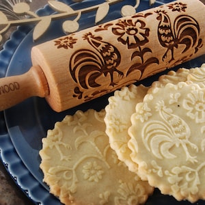 FOLKY ROOSTER - MINI embossing rolling pin for cookies, embossed biscuits, wooden Christmas present, Mother’s Day gift, laser engraved