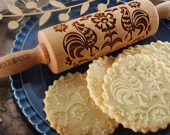 FOLKY ROOSTER - MINI embossing rolling pin for cookies, embossed biscuits, wooden Christmas present, Mother’s Day gift, laser engraved