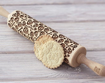 SKULLS & BONES - embossed, engraved rolling pin for cookies - perfect Halloween idea