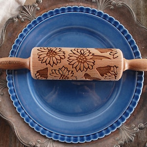 SUNFLOWERS  - MINI embossing rolling pin for cookies, laser engraved, solid wood, perfect Christmas gift, Mother’s Day gift, summer, yellow