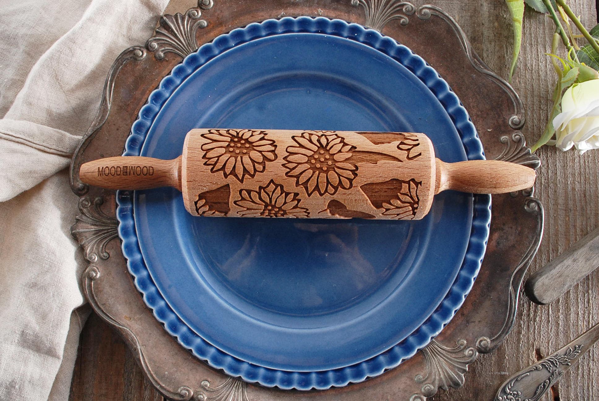 Sunflowers - Mini Gaufrage Rouleau à Pâtisserie Pour Biscuits, Laser Gravé, Bois Massif, Cadeau Parf