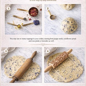 Puede incluir: Gu&iacute;a paso a paso para decorar galletas. La imagen muestra ingredientes como semillas de amapola y p&eacute;talos de flores, junto con cucharas medidoras y un rodillo. El texto muestra "TOPPINGS" e instrucciones para decorar galletas.