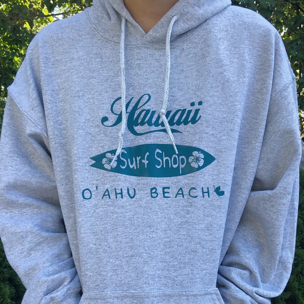 O'ahu Beach, Hawaii Surf Shop Hoodie | Sport Grey Aesthetic Hoodie | Hibiscus | Surf Board