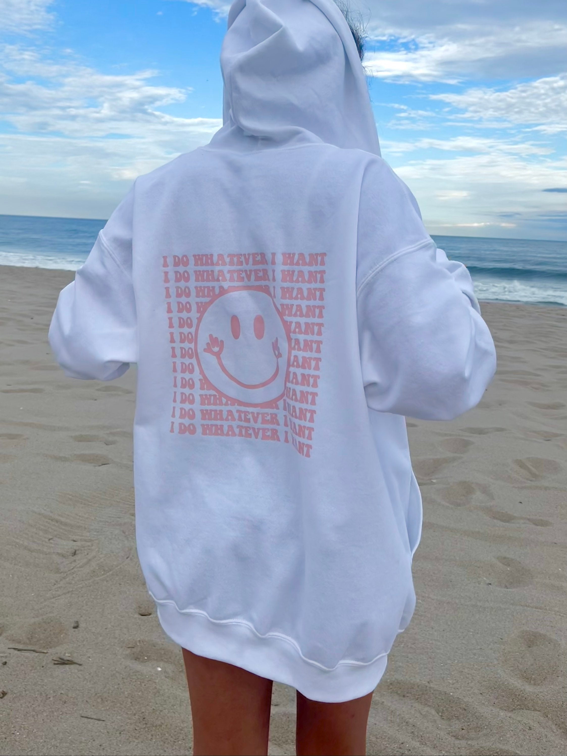 I Do Whatever I Want Full Zip Hoodie | White & Pink Smiley