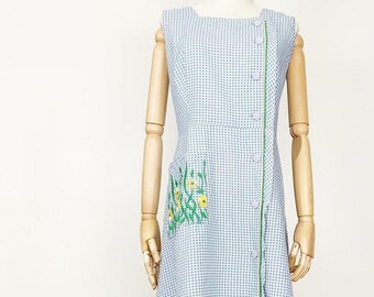 60s Blue Gingham Midi Dress Vintage Sundress Embroidered Floral Sleeveless Medium M 1960s