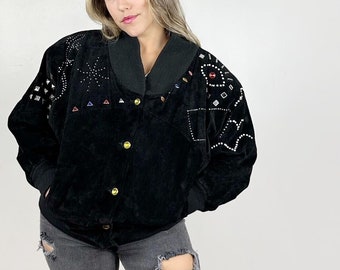 80s Black Suede Rhinestone Jacket Vintage Leather Bejeweled Studded Studs 90s Bomber Coat M/L