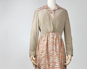 70s OSCAR de la RENTA Dress Vintage Midi Checkered Striped Brown Orange Fall Medium M