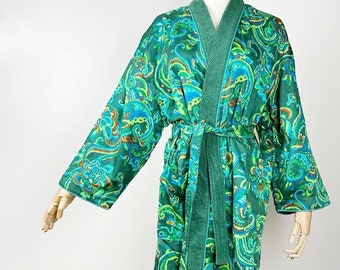 90s YSL Green Paisley Robe Yves Saint Laurent Vintage Terrycloth Floral Loungewear Small Medium S/M