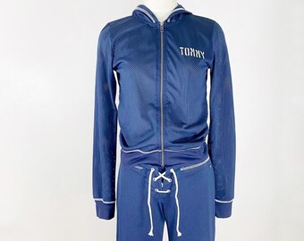 90s Y2K Tommy Hilfiger Tracksuit 2000s Navy Blue Hooded Zip Up Jacket Flare Pants Matching Set Low Rise Coordinates Sporty Athleisure