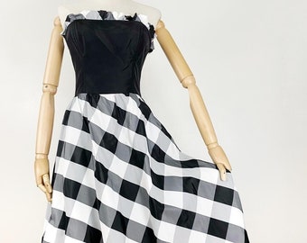 80s Gunne Sax Black Checkered Dress Vintage Maxi Gingham Strapless Prom Gown Small S