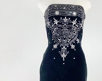 90s Black Embellished Velvet Party Dress Sequin Rhinestone Strapless Embroidered Pencil Wiggle Cocktail Heart Gothic Small 4 6