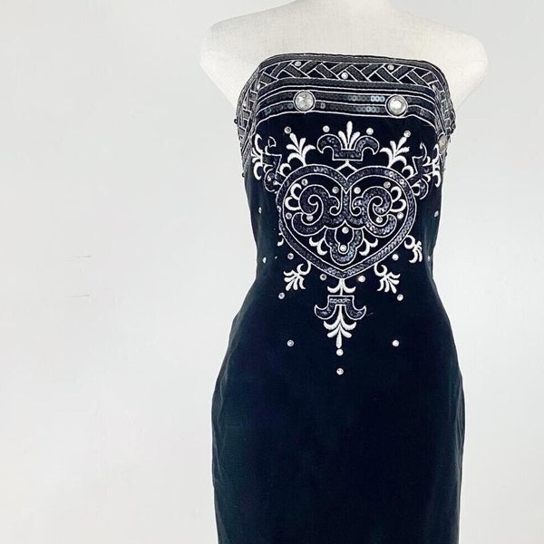 90s Black Embellished Velvet Party Dress Sequin Rhinestone Strapless Embroidered Pencil Wiggle Cocktail Heart Gothic Small 4 6