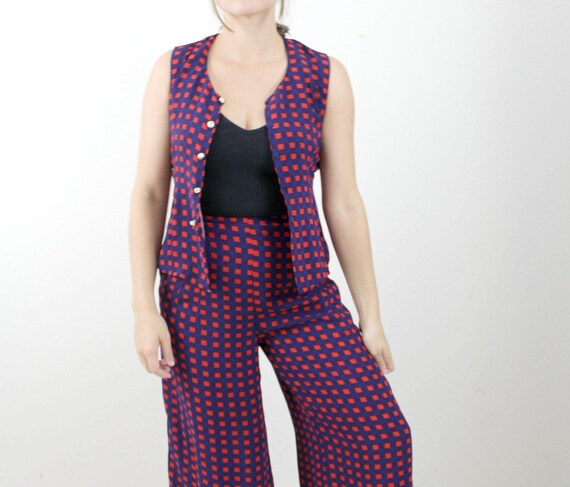 70s 80s Red Checkered Pant Top Set // Vintage Blue