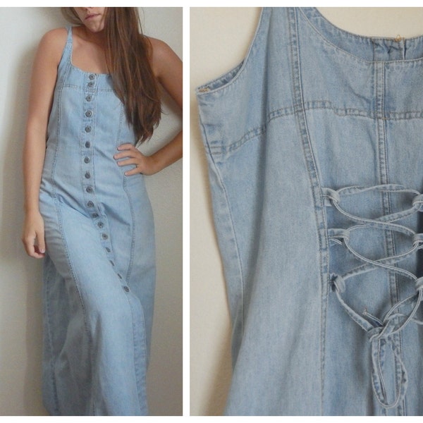 90s Long Denim Dress // Vintage Jean Button Down Light Blue Spaghetti Strap Dress // Size: M/L