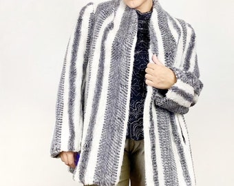 80s Gray Striped Faux Fur Coat Vintage 1980s Fuzzy Winter Jacket Small Medium S/M Fake Fur