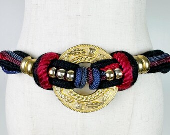 80s Medallion Rope Belt XL Plus Size Volup Waist Belt Beaded Metal Stretchy