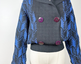80s ST. JOHN Blue Pullover Sweater Vintage Knit Chevron Fall Black Checkered 1980s Medium M