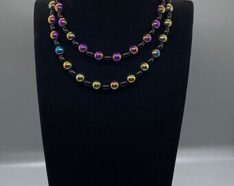 Rainbow hematite and black onyx beaded necklace