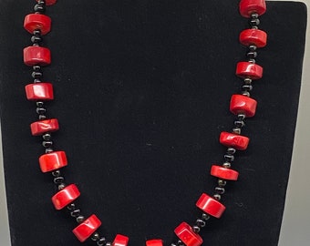 Red coral and black onyx heishi style necklace